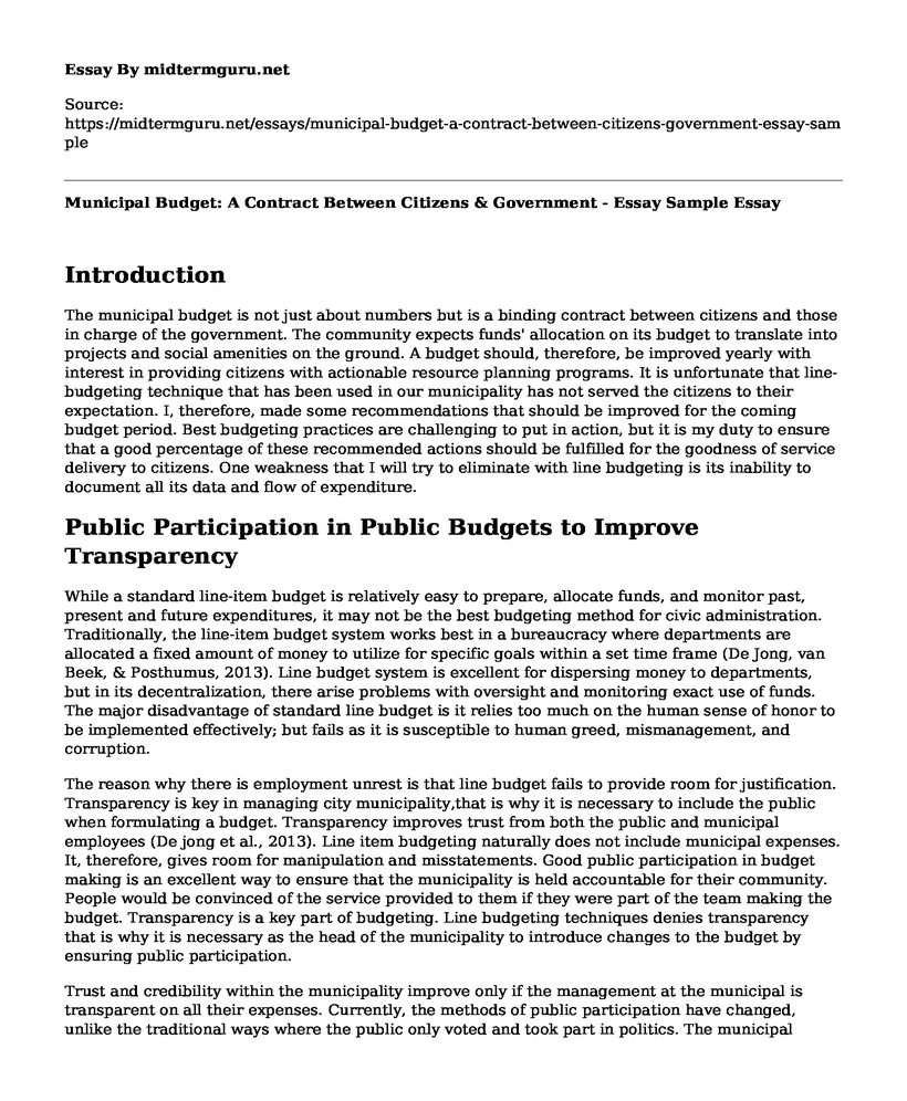 Municipal Budget: A Contract Between Citizens & Government - Essay Sample
