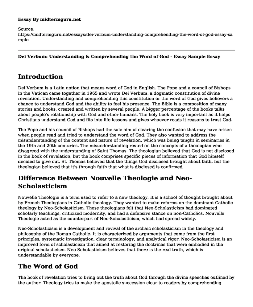 Dei Verbum: Understanding & Comprehending the Word of God - Essay Sample