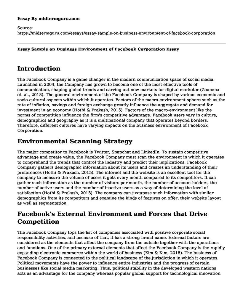 Essay Sample on Business Environment of Facebook Corporation