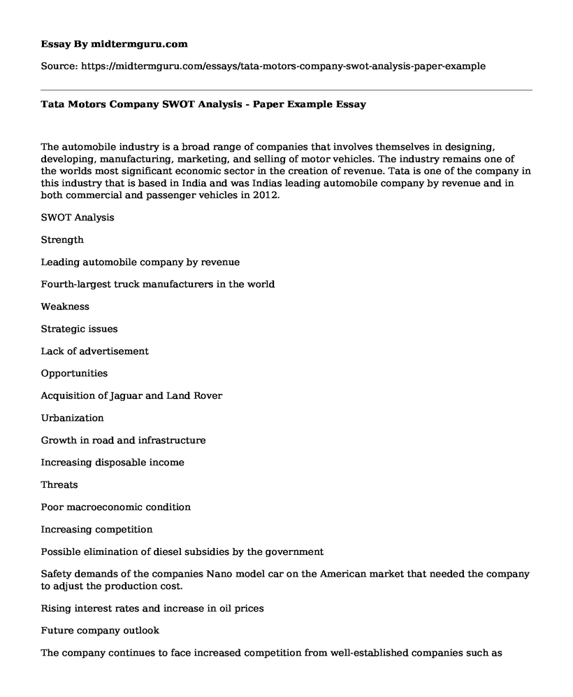 Tata Motors Company SWOT Analysis - Paper Example