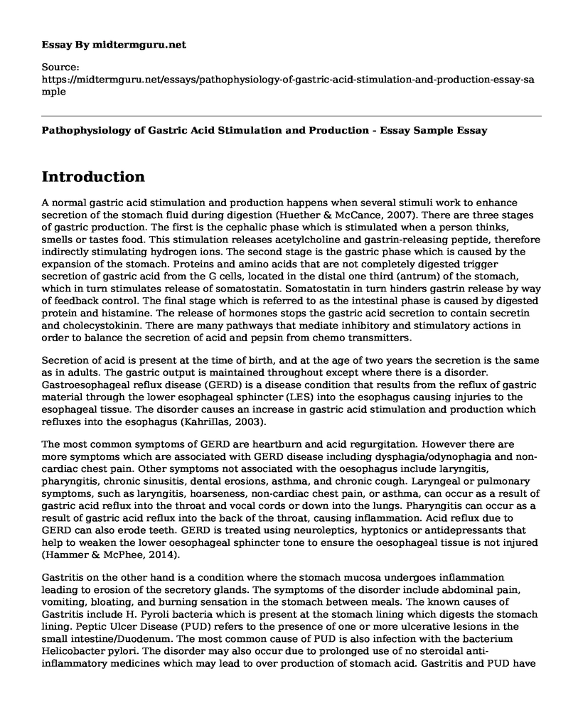 Pathophysiology of Gastric Acid Stimulation and Production - Essay Sample