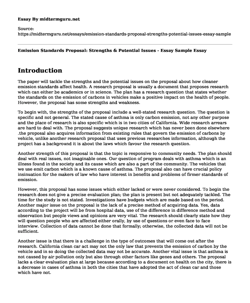 Emission Standards Proposal: Strengths & Potential Issues - Essay Sample