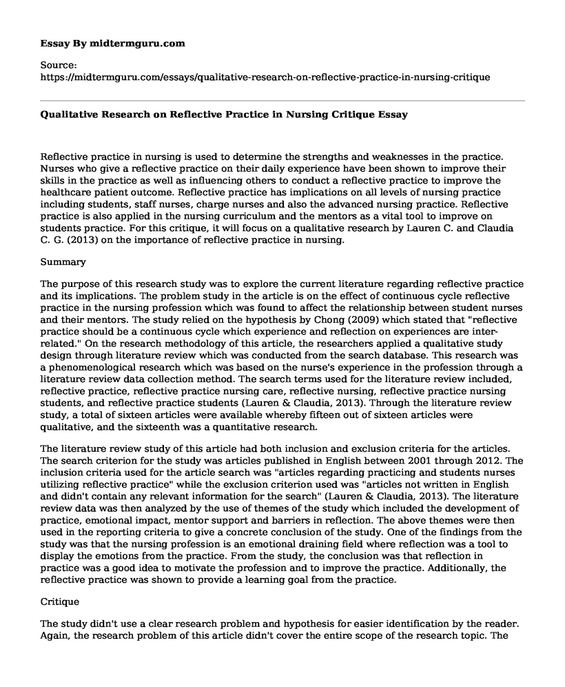 Qualitative Research on Reflective Practice in Nursing Critique