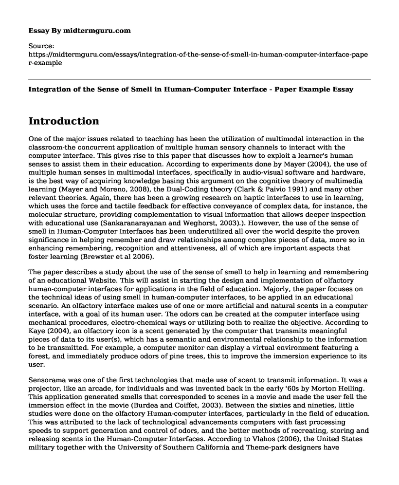 Integration of the Sense of Smell in Human-Computer Interface - Paper Example