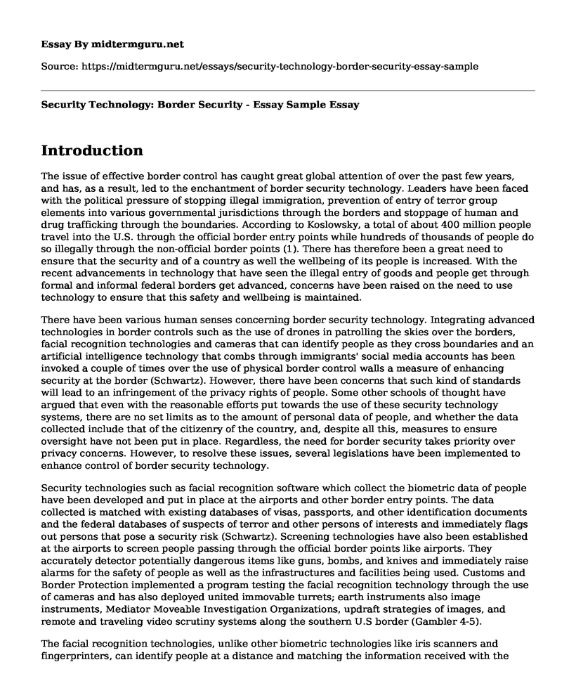 Security Technology: Border Security - Essay Sample