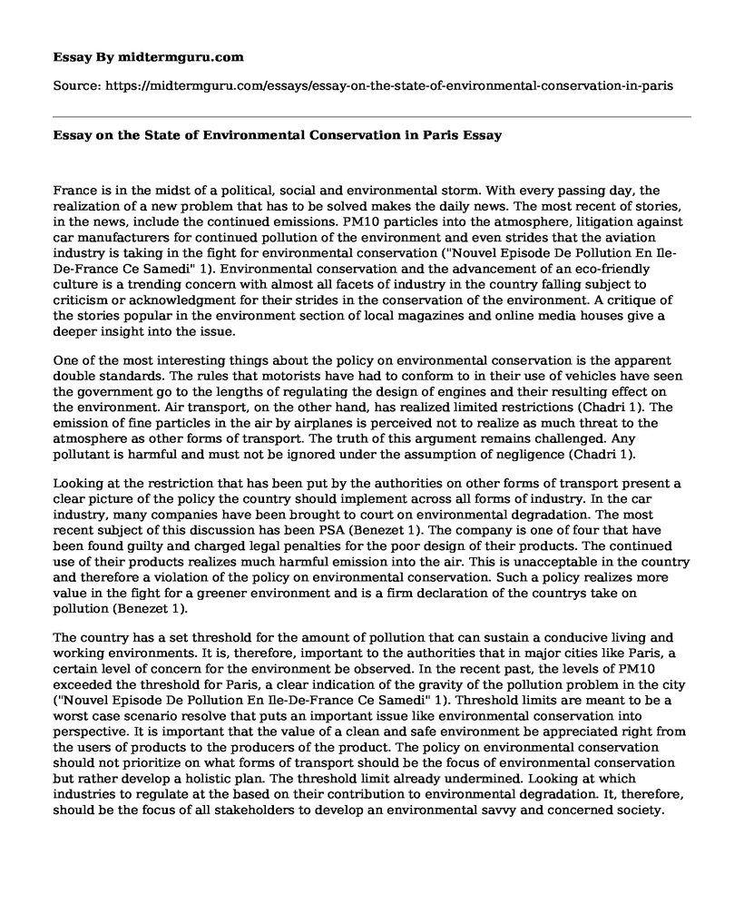 Essay on the State of Environmental Conservation in Paris