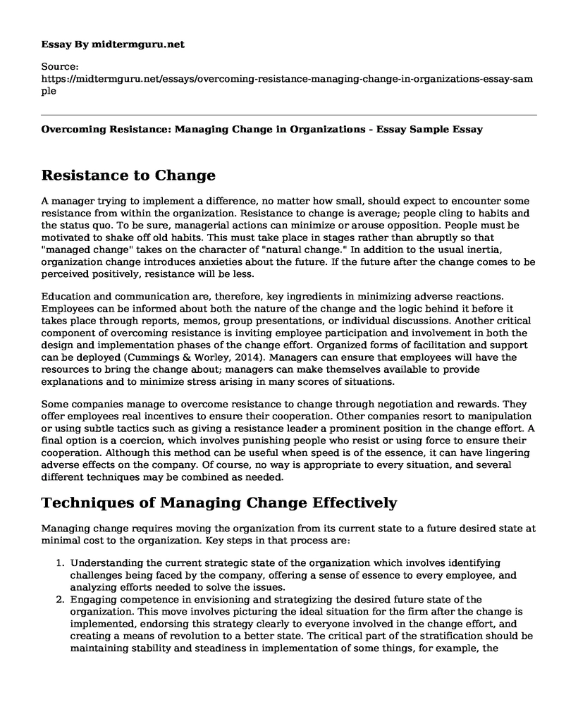 Overcoming Resistance: Managing Change in Organizations - Essay Sample