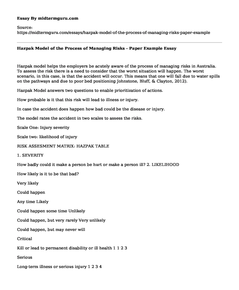 Hazpak Model of the Process of Managing Risks - Paper Example