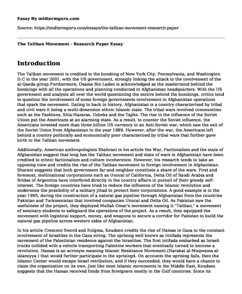 The Taliban Movement - Research Paper