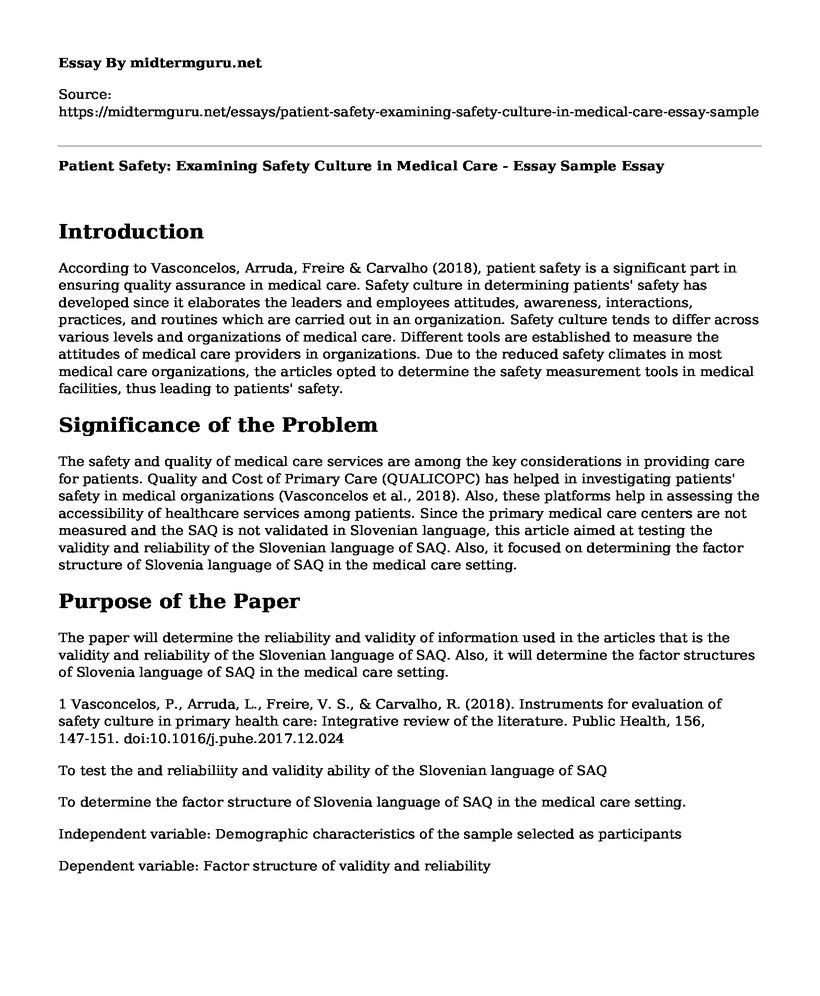 Patient Safety: Examining Safety Culture in Medical Care - Essay Sample