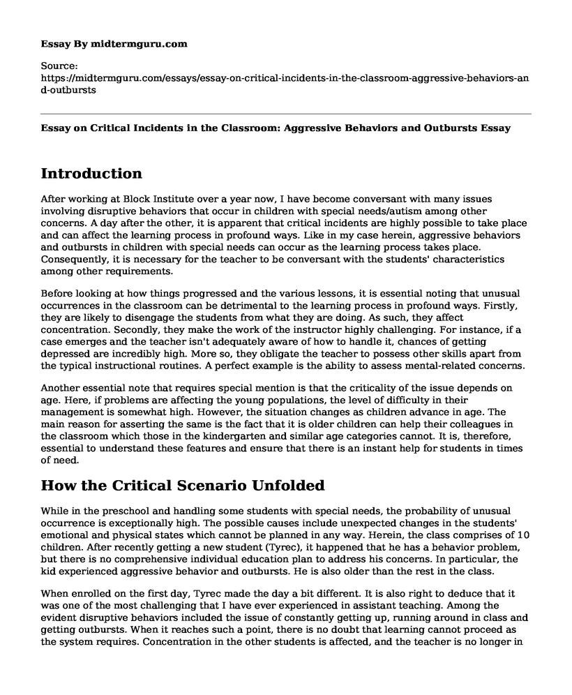 Essay on Critical Incidents in the Classroom: Aggressive Behaviors and Outbursts
