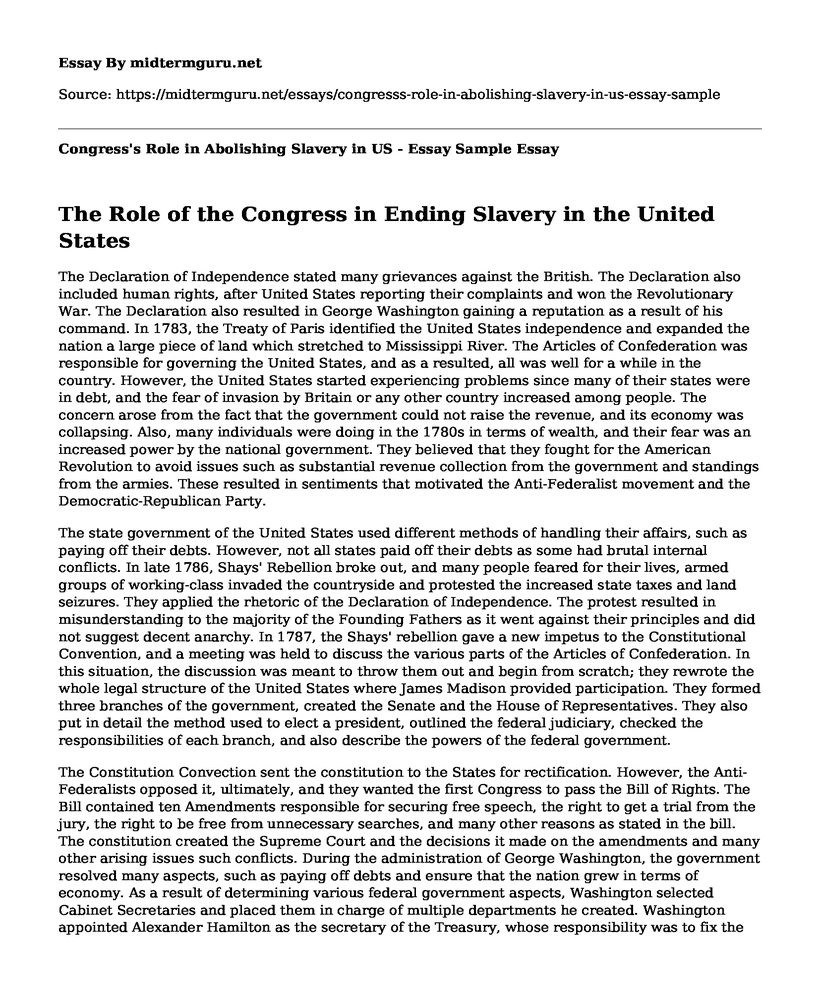 Congress's Role in Abolishing Slavery in US - Essay Sample