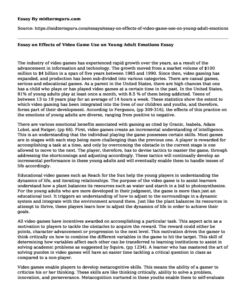 Essay on Effects of Video Game Use on Young Adult Emotions