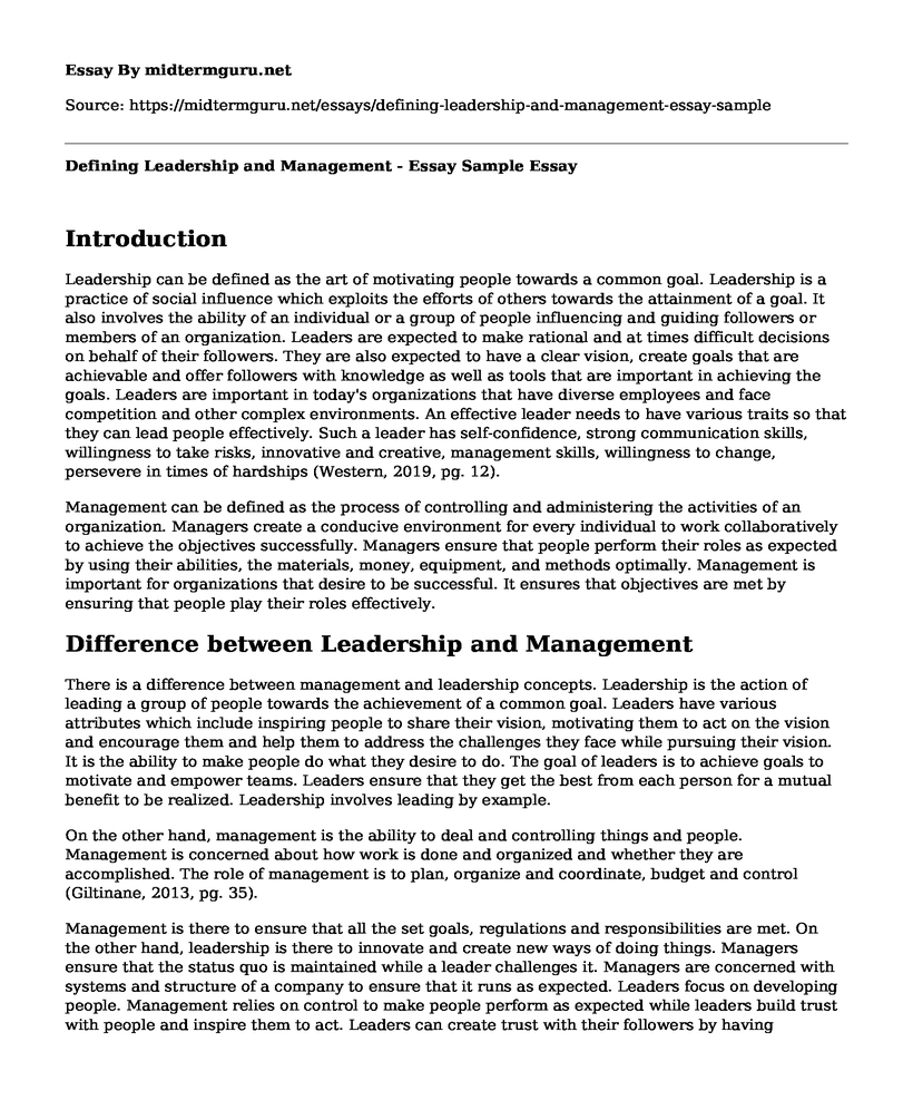 Defining Leadership and Management - Essay Sample