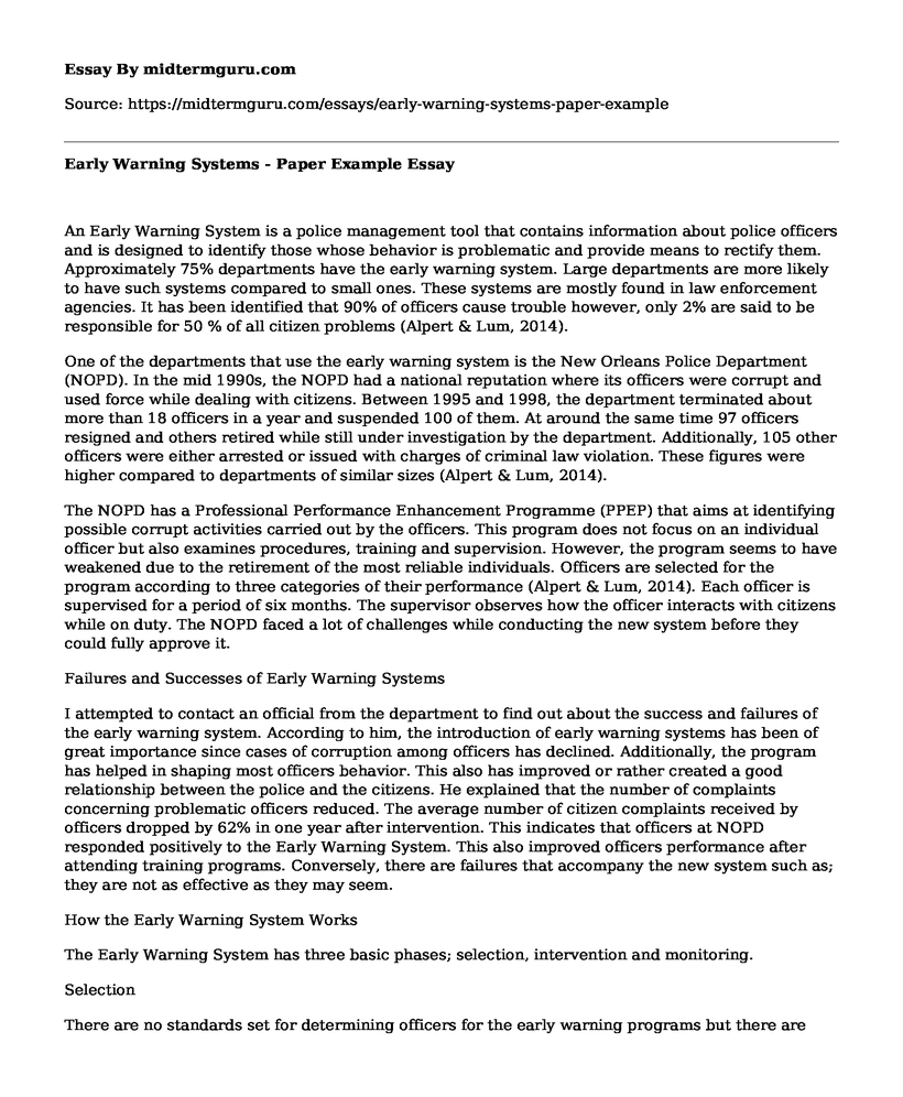 Early Warning Systems - Paper Example