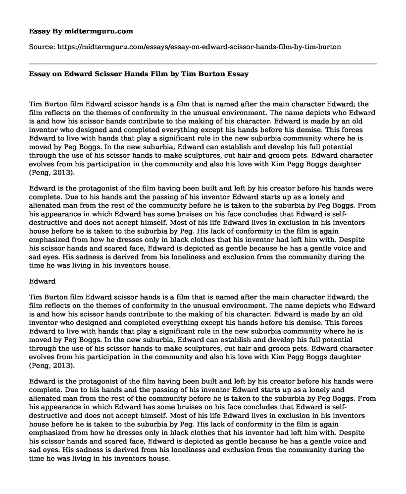 Essay on Edward Scissor Hands Film by Tim Burton