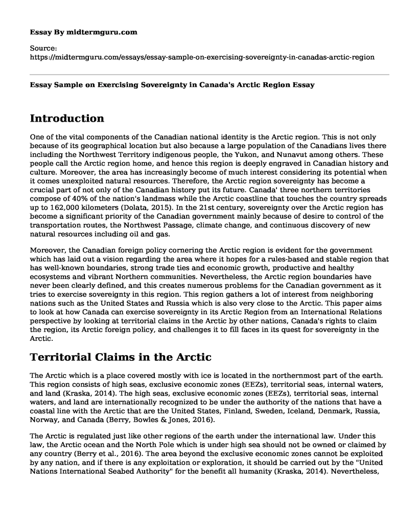 Essay Sample on Exercising Sovereignty in Canada's Arctic Region