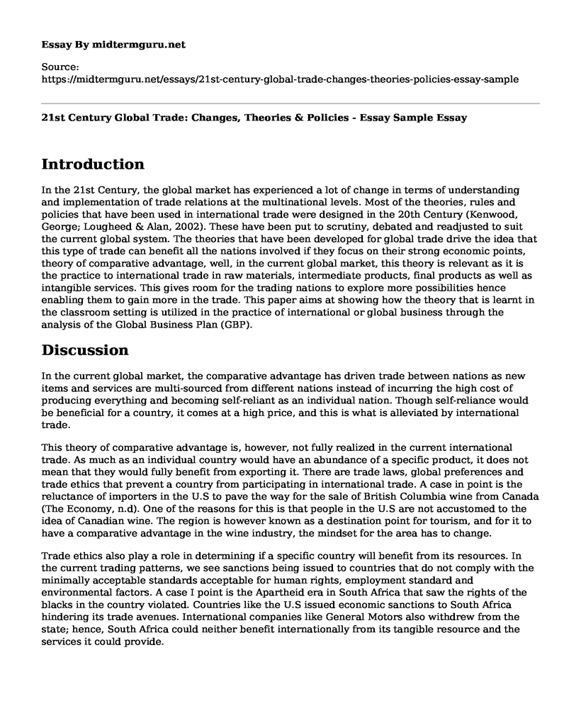 21st Century Global Trade: Changes, Theories & Policies - Essay Sample