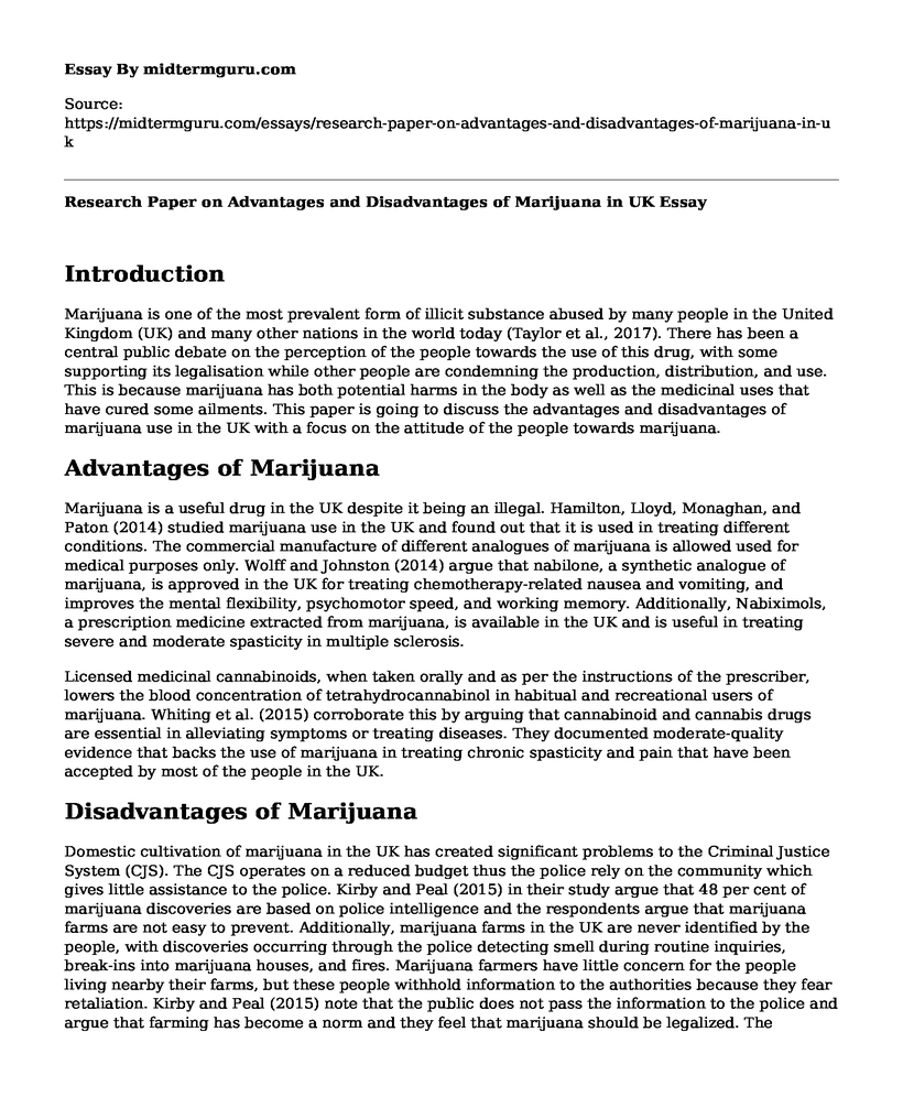 Research Paper on Advantages and Disadvantages of Marijuana in UK