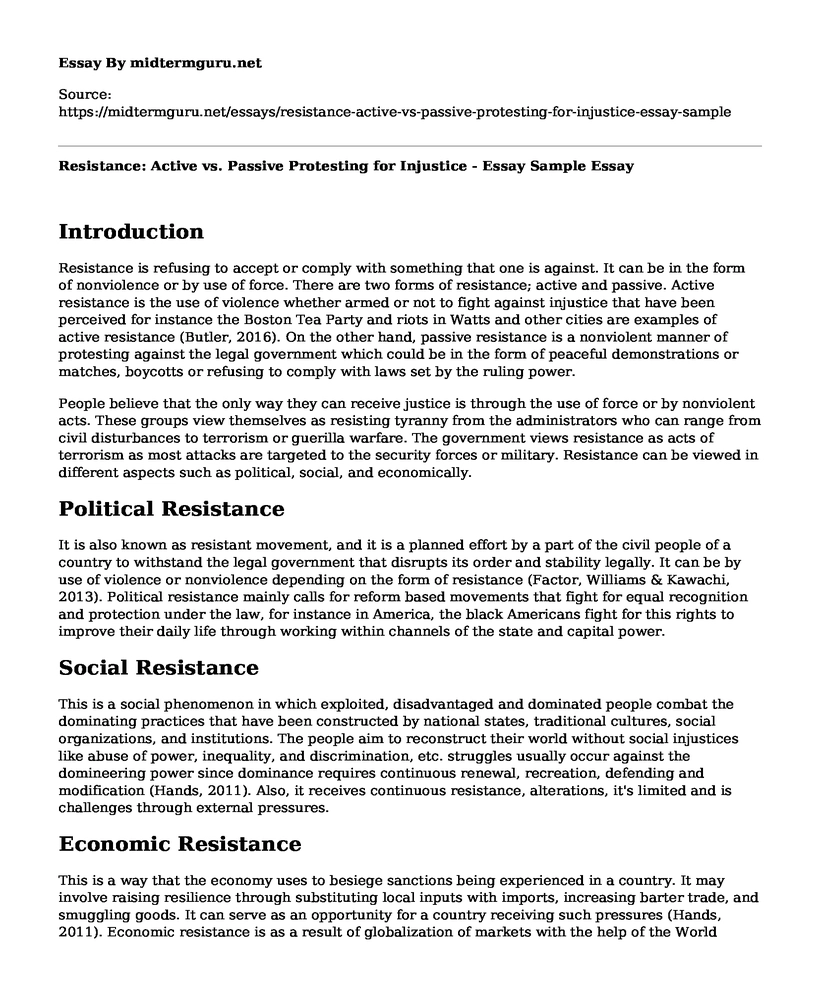 Resistance: Active vs. Passive Protesting for Injustice - Essay Sample 