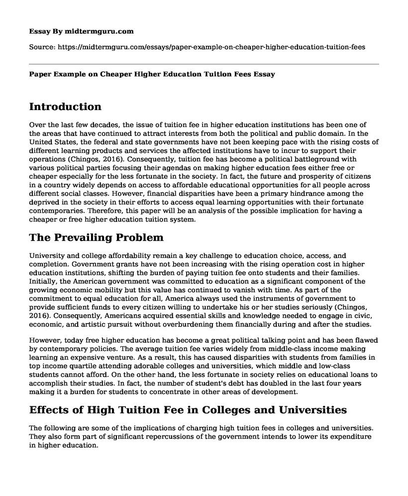 Paper Example on Cheaper Higher Education Tuition Fees