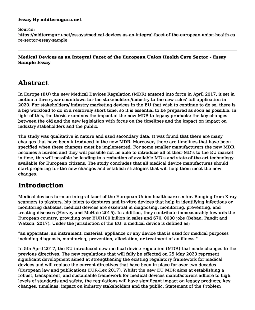 Medical Devices as an Integral Facet of the European Union Health Care Sector - Essay Sample