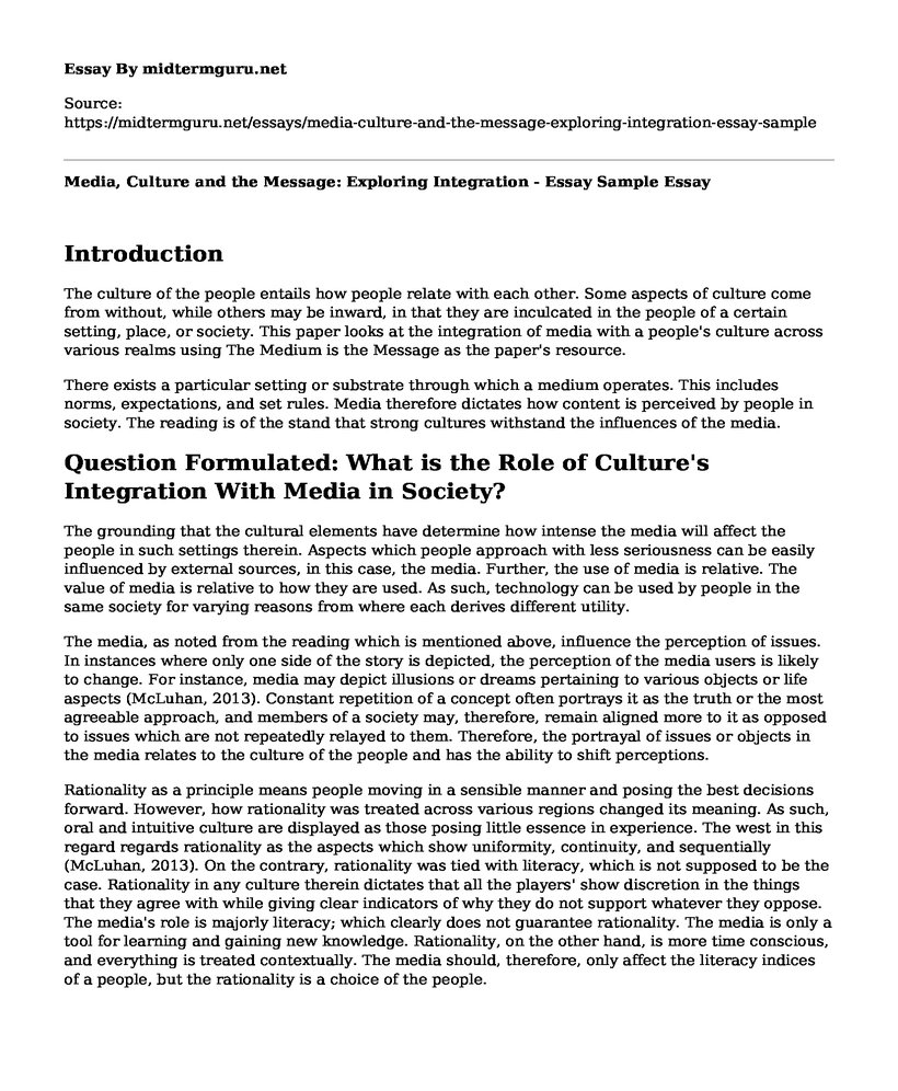 Media, Culture and the Message: Exploring Integration - Essay Sample