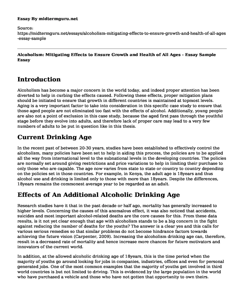 Alcoholism: Mitigating Effects to Ensure Growth and Health of All Ages - Essay Sample