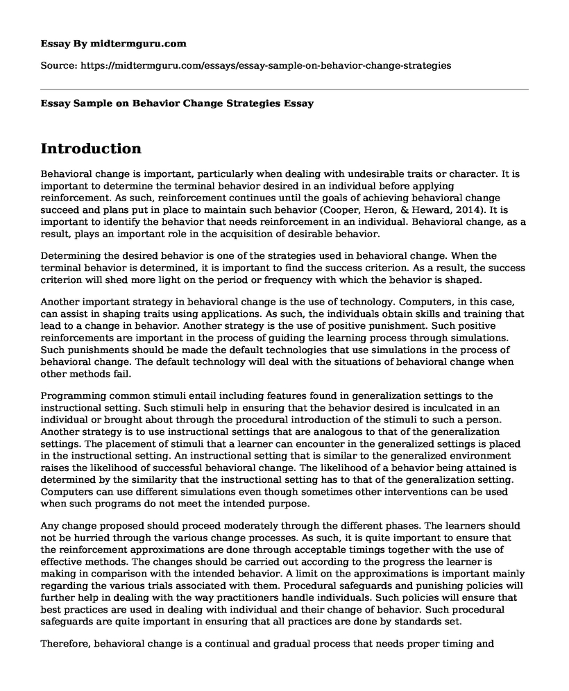 Essay Sample on Behavior Change Strategies