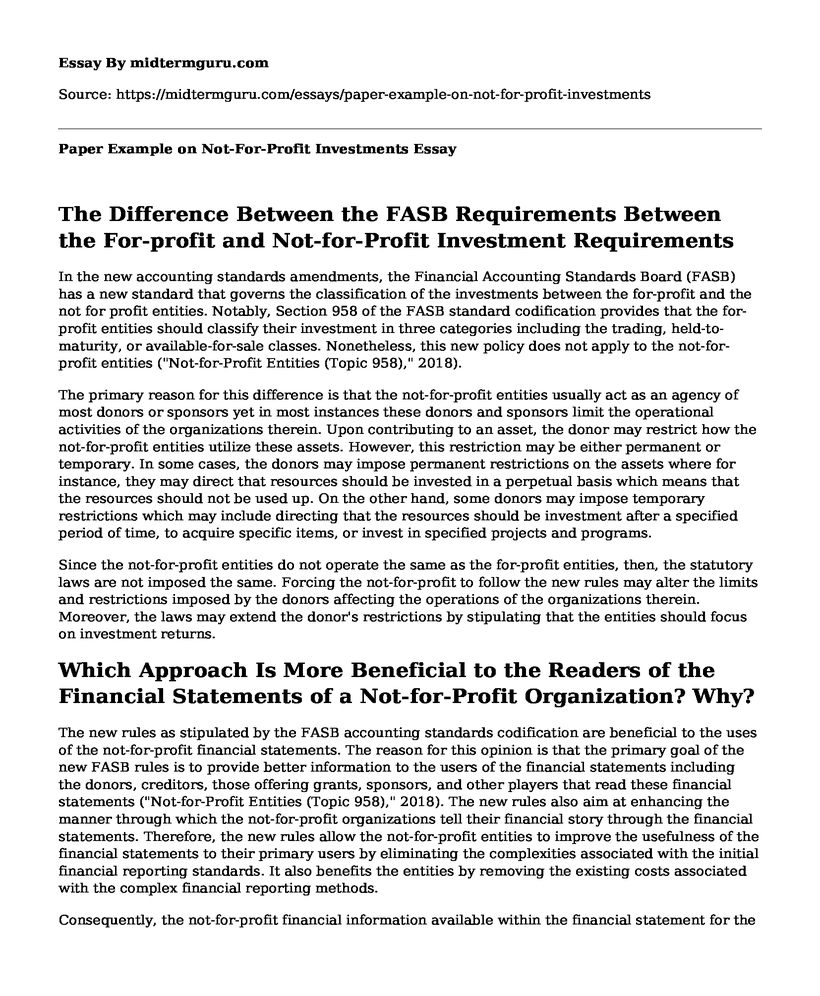 Paper Example on Not-For-Profit Investments