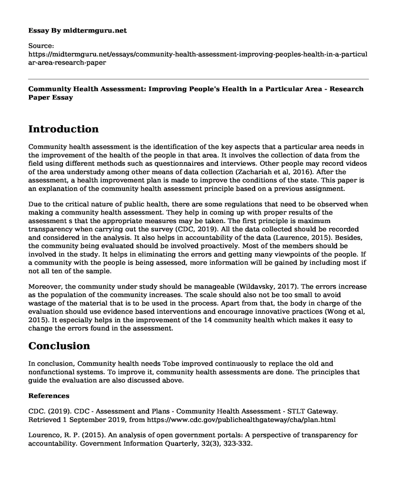 Community Health Assessment: Improving People's Health in a Particular Area - Research Paper