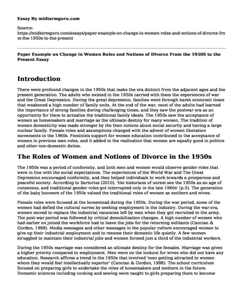 Paper Example on Change in Women Roles and Notions of Divorce From the 1950S to the Present