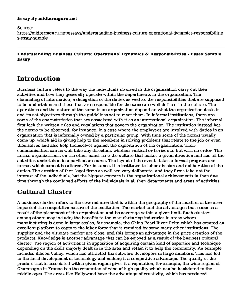 Understanding Business Culture: Operational Dynamics & Responsibilities - Essay Sample