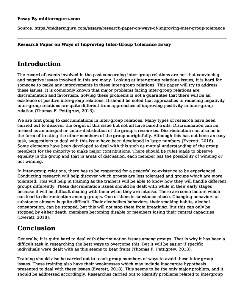 Research Paper on Ways of Improving Inter-Group Tolerance