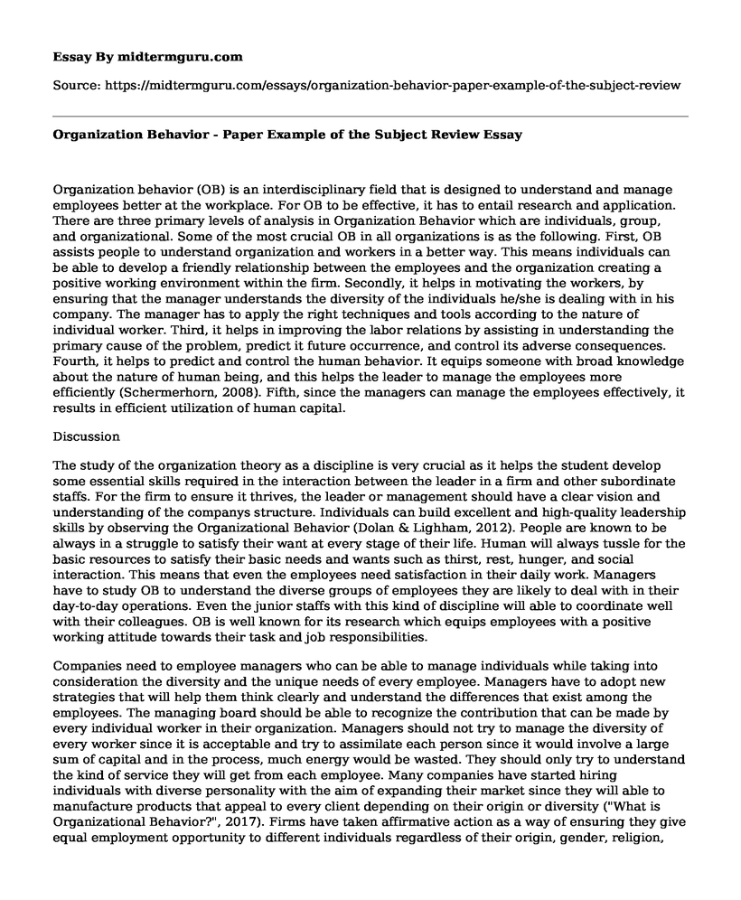 Organization Behavior  - Paper Example of the Subject Review 