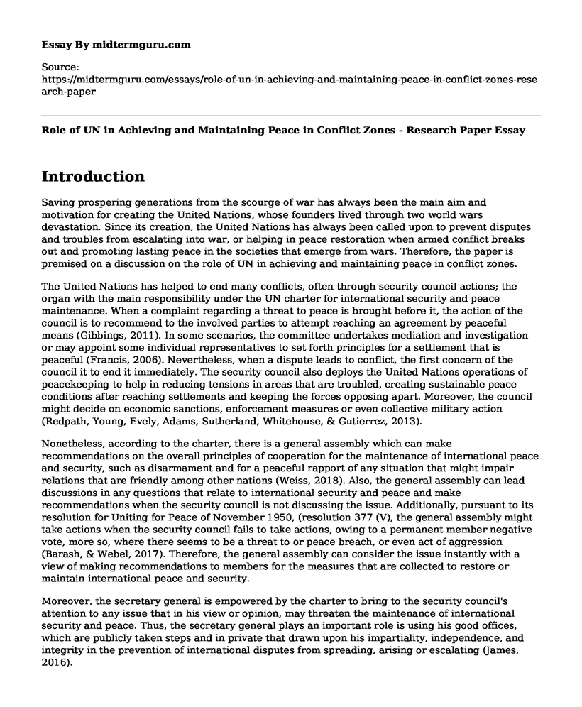 Role of UN in Achieving and Maintaining Peace in Conflict Zones - Research Paper