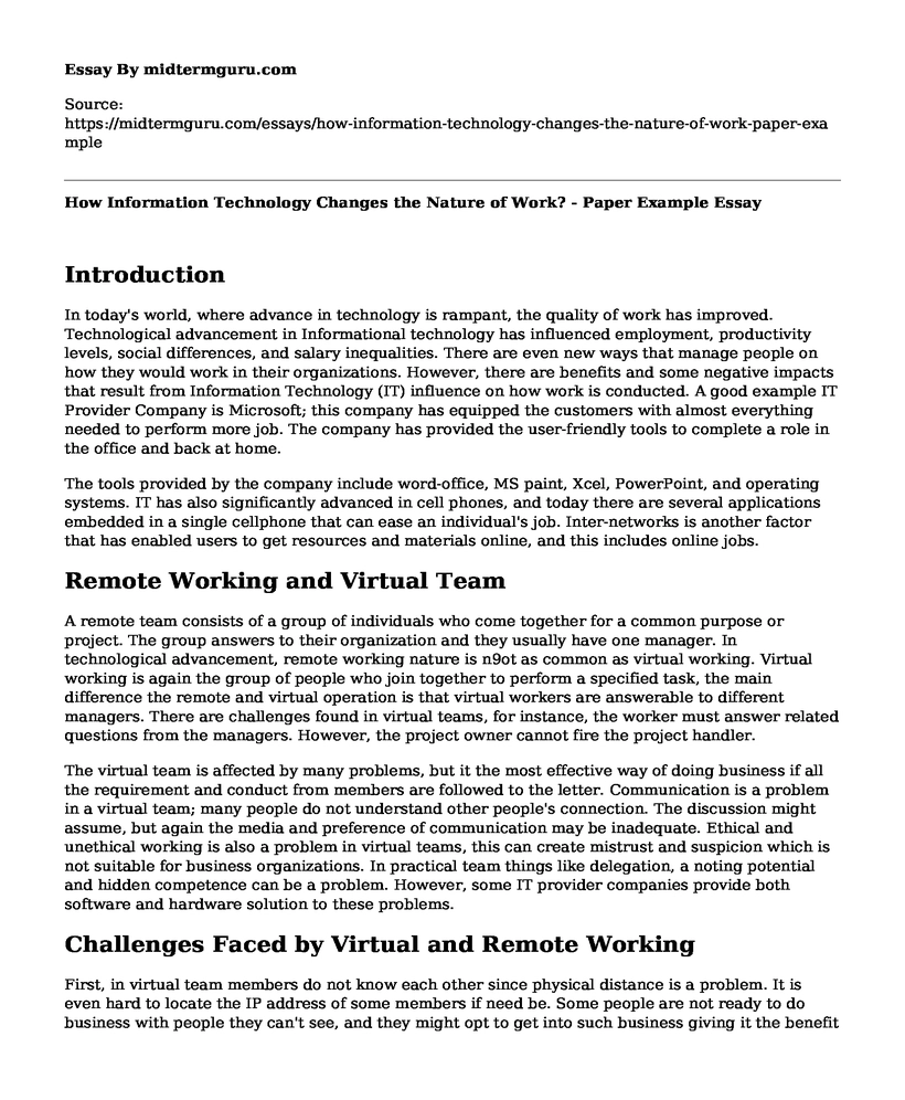 How Information Technology Changes the Nature of Work? - Paper Example