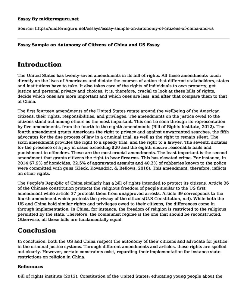 Essay Sample on Autonomy of Citizens of China and US