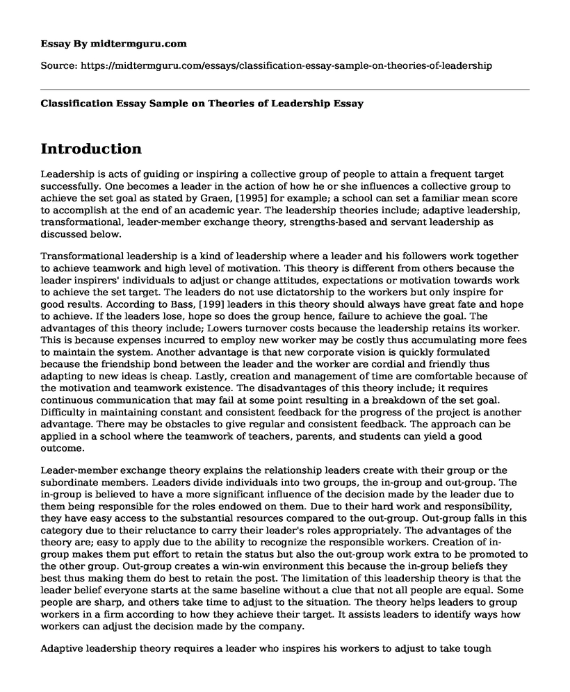 Classification Essay Sample on Theories of Leadership