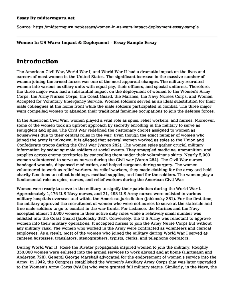 Women in US Wars: Impact & Deployment - Essay Sample