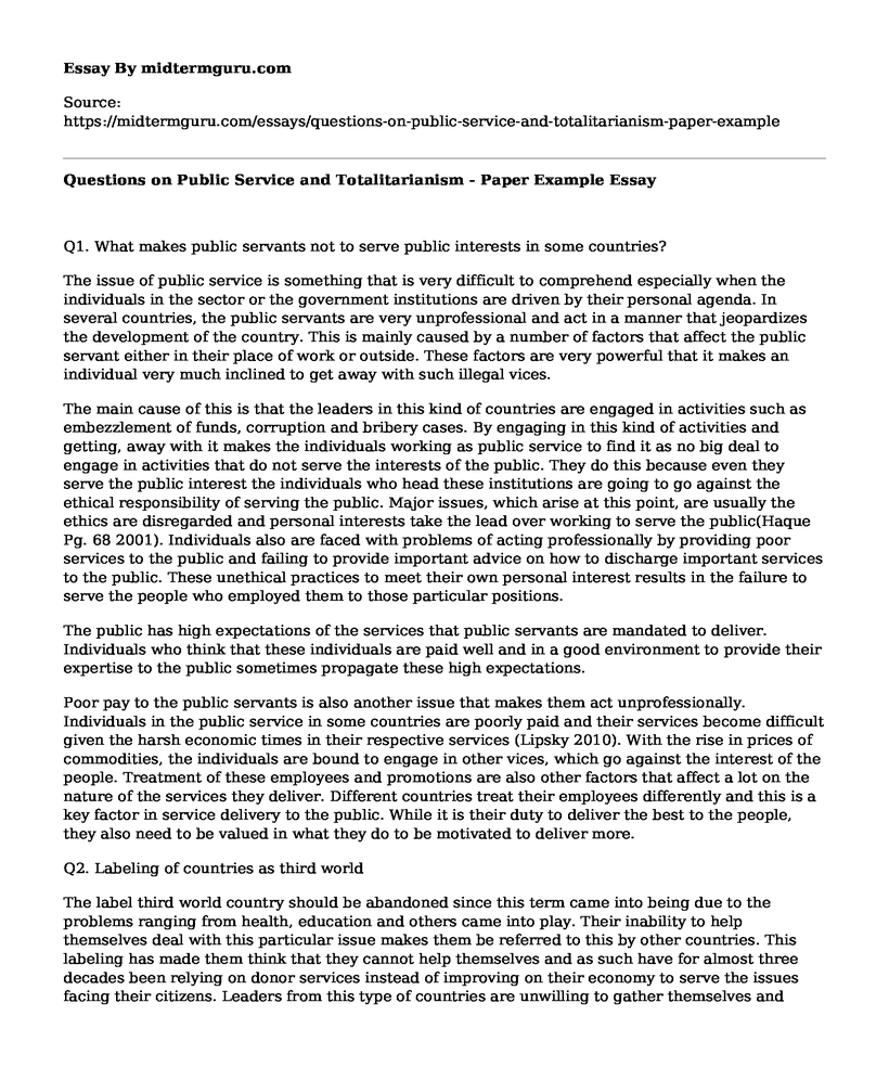 Questions on Public Service and Totalitarianism - Paper Example