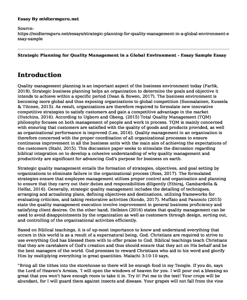 Strategic Planning for Quality Management in a Global Environment - Essay Sample