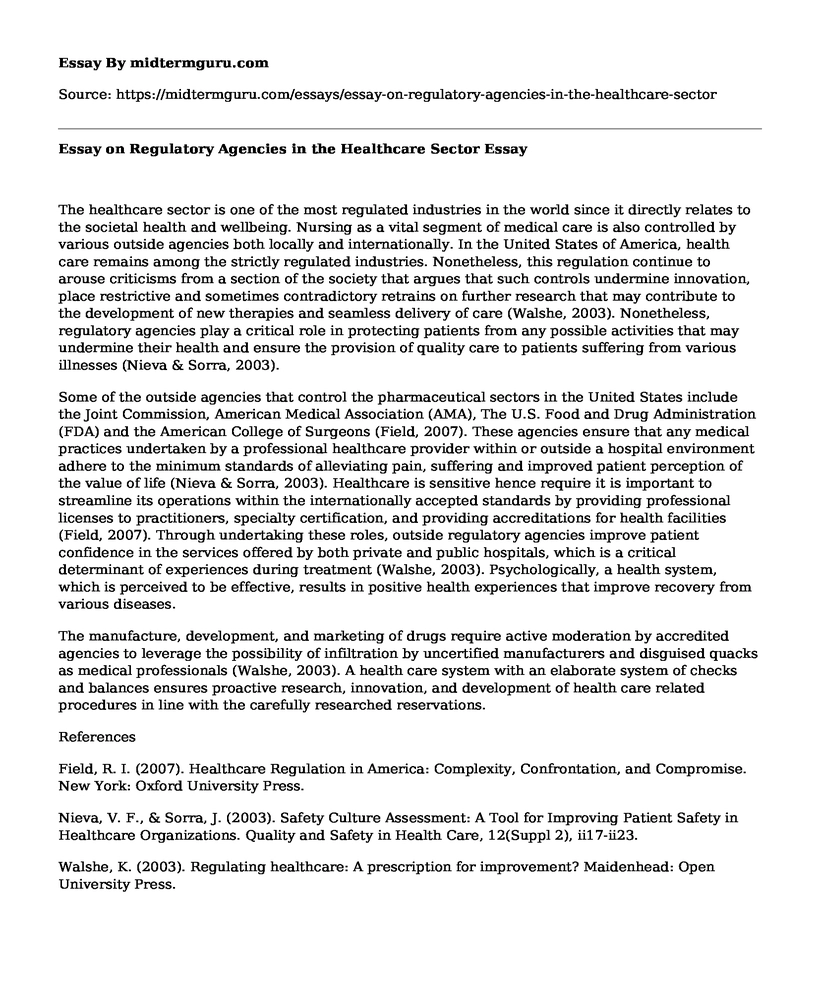 Essay on Regulatory Agencies in the Healthcare Sector