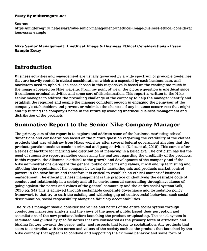 Nike Senior Management: Unethical Image & Business Ethical Considerations - Essay Sample
