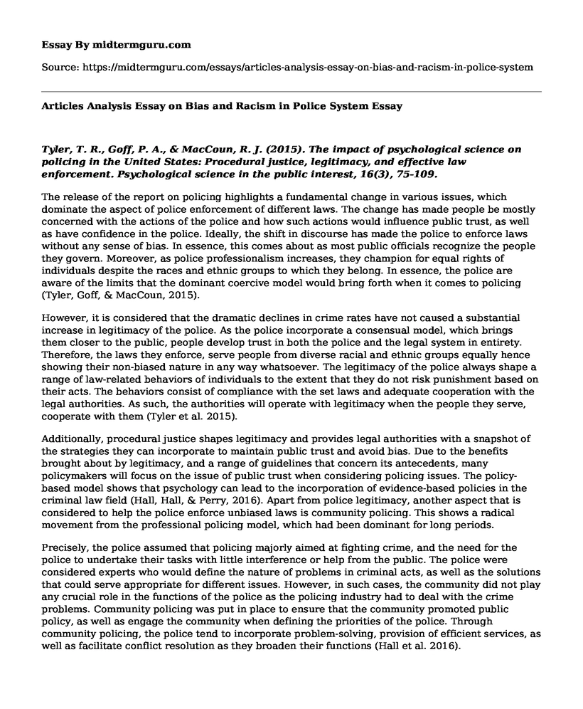 Articles Analysis Essay on Bias and Racism in Police System