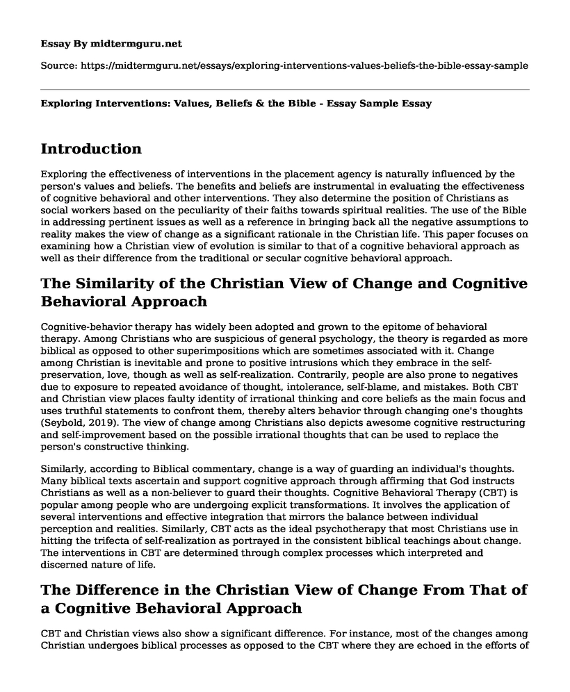 Exploring Interventions: Values, Beliefs & the Bible - Essay Sample