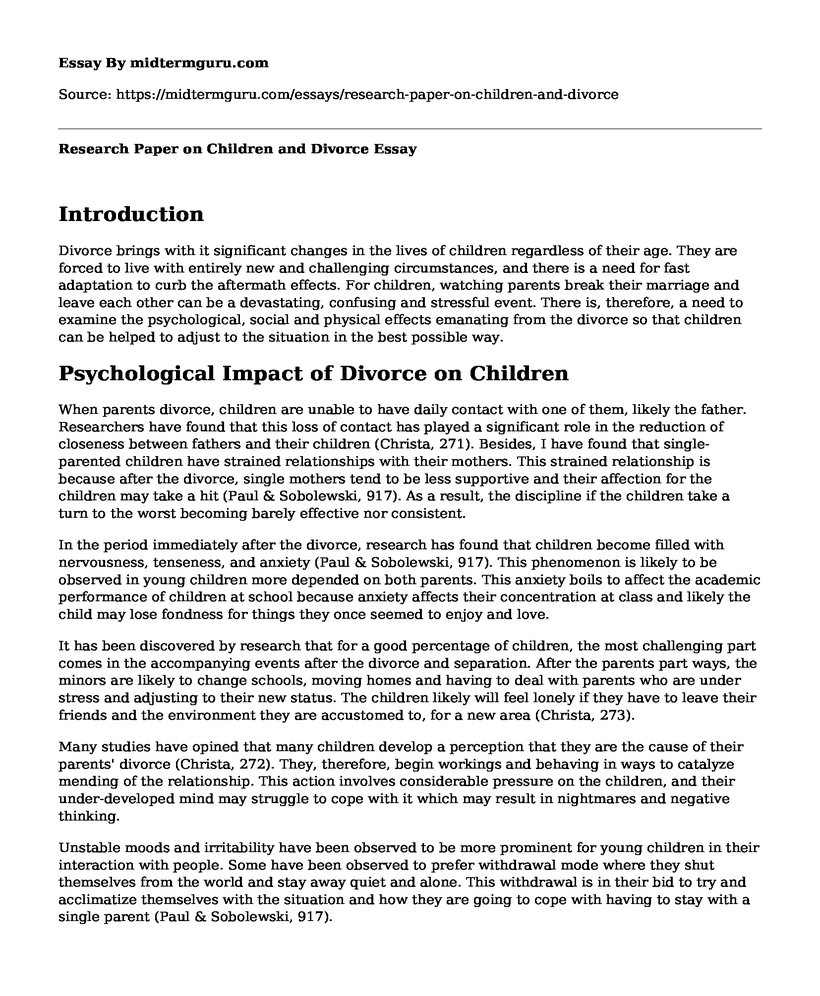 Research Paper on Children and Divorce