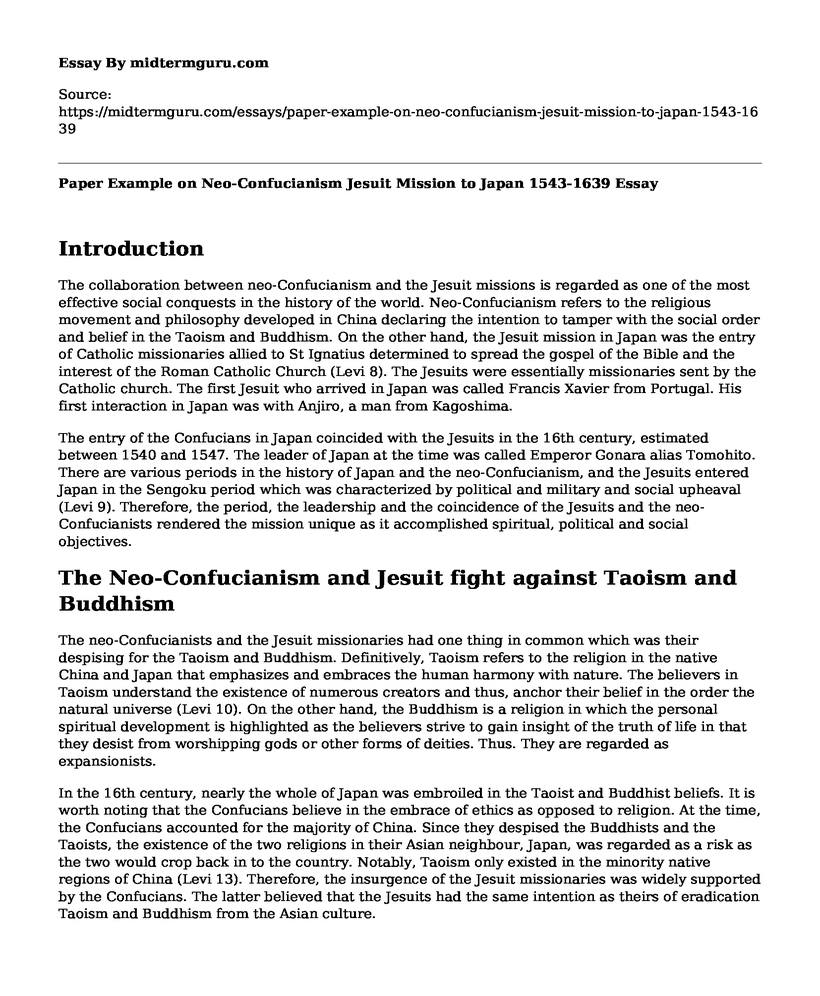 Paper Example on Neo-Confucianism Jesuit Mission to Japan 1543-1639