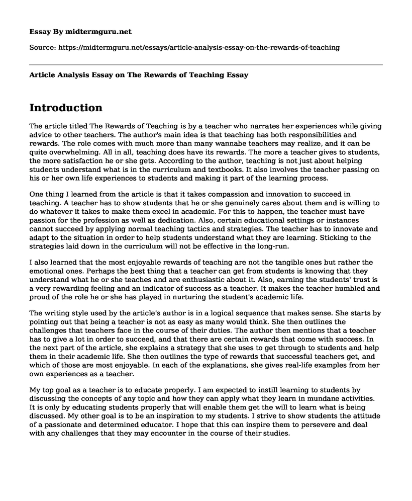 Article Analysis Essay on The Rewards of Teaching