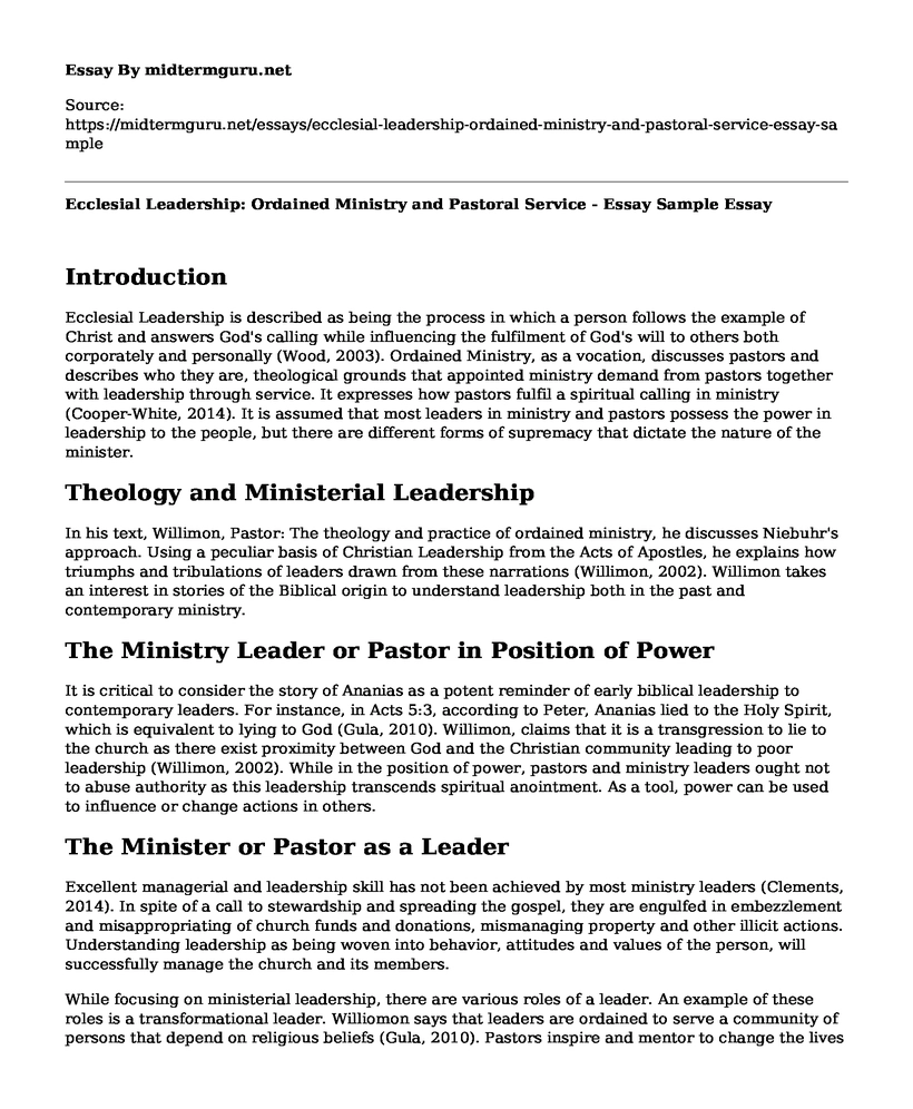 Ecclesial Leadership: Ordained Ministry and Pastoral Service - Essay Sample